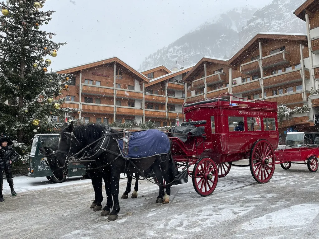 飄著雪,策馬特車站前停著紅色馬車,接送飯店客人。