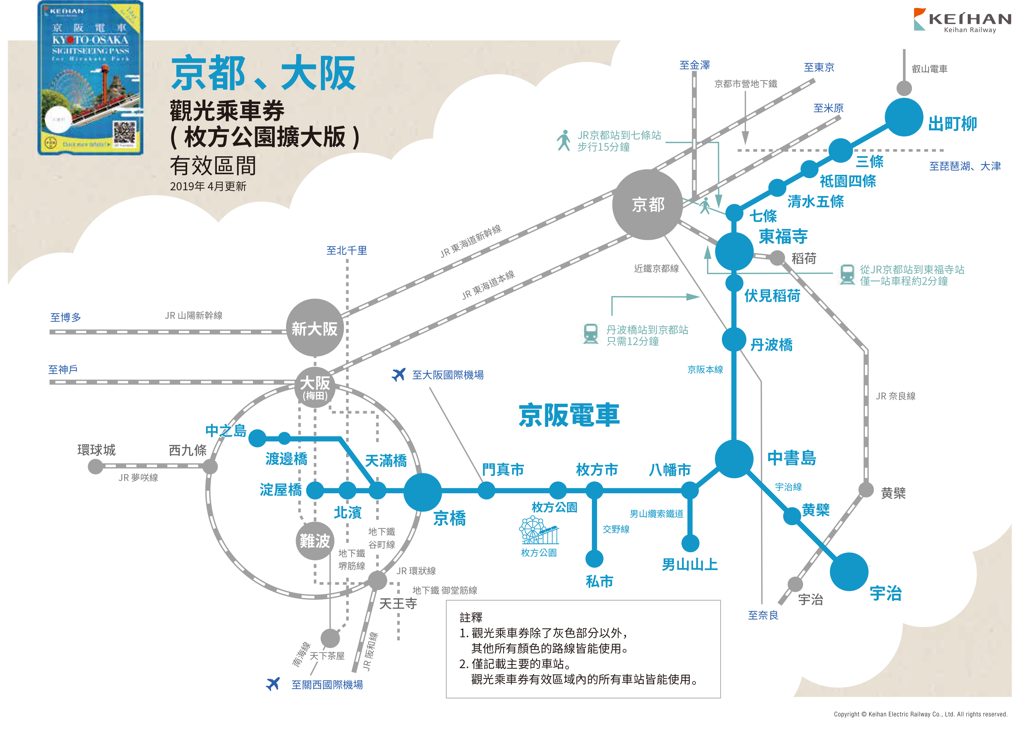 京阪電車京都、大阪觀光乘車一日券(枚方公園擴大版)有效區間(2019年4月更新)