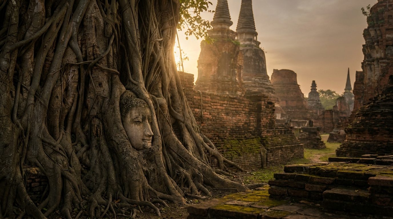 Wat Mahathat Buddha head entwined in banyan tree roots, Ayutthaya historical park
