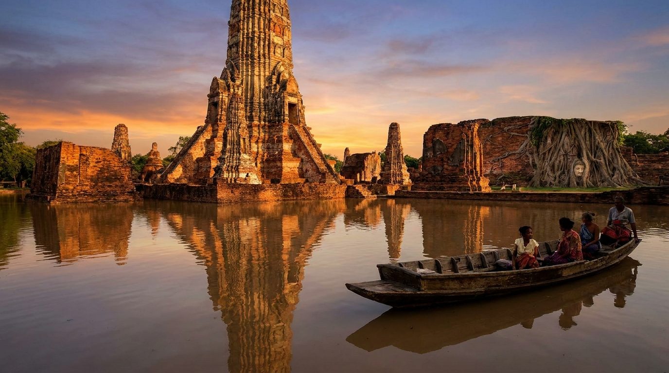 Wat Ratchaburana prang tower reflected in floodwater after 2011 Ayutthaya floods