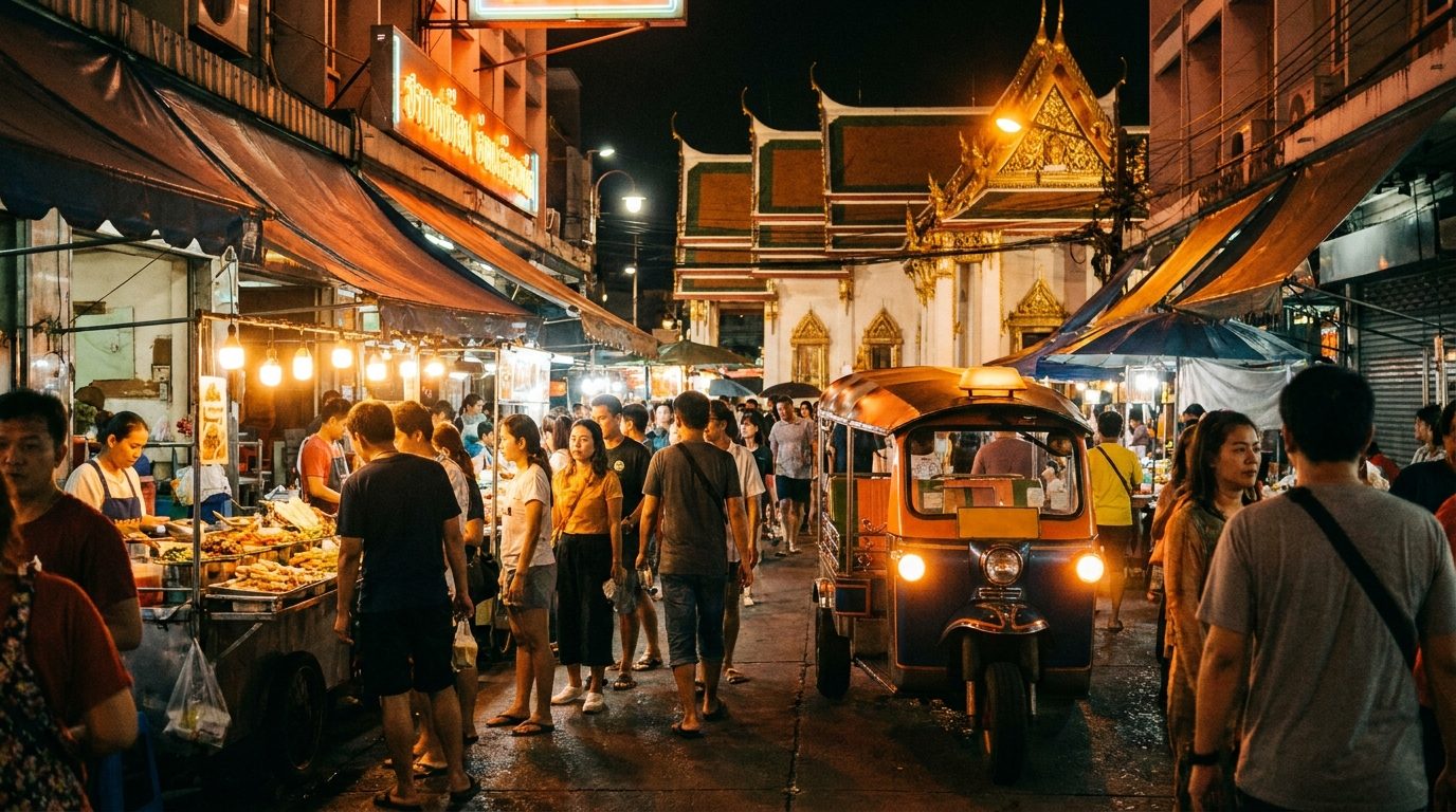 Bangkok night market stalls lit up at night with crowds of local shoppers