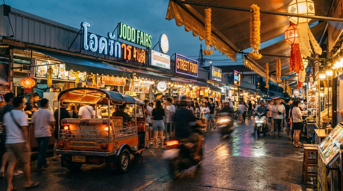 Jodd Fairs Bangkok neon lights food stalls crowd at night