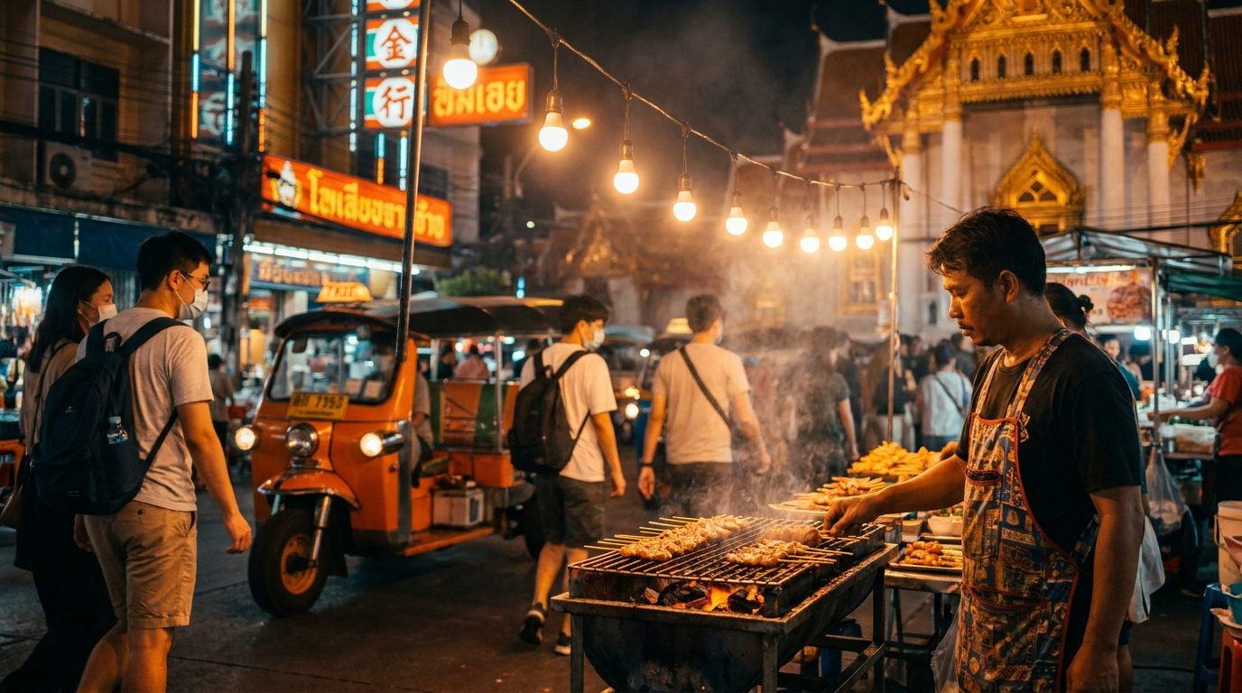 Bangkok street food vendor grilling pork skewers at busy night market