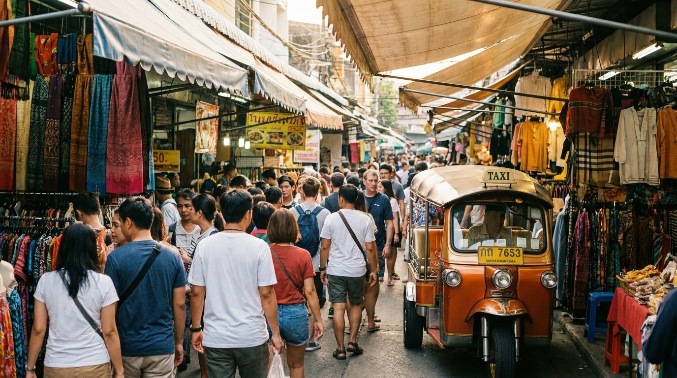 Chatuchak weekend market Bangkok daytime crowds and colourful stalls