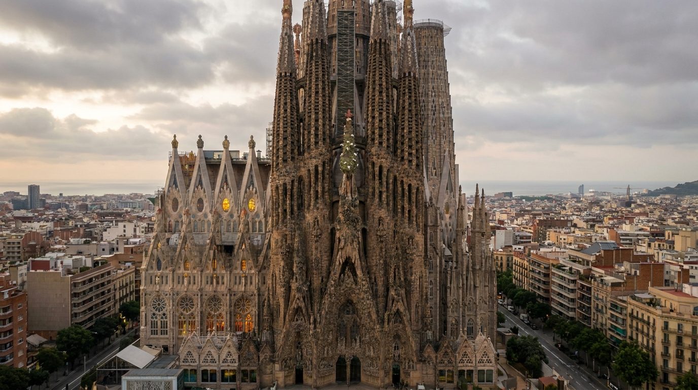 Sagrada Família east facade Nativity towers under morning cloud, Eixample district