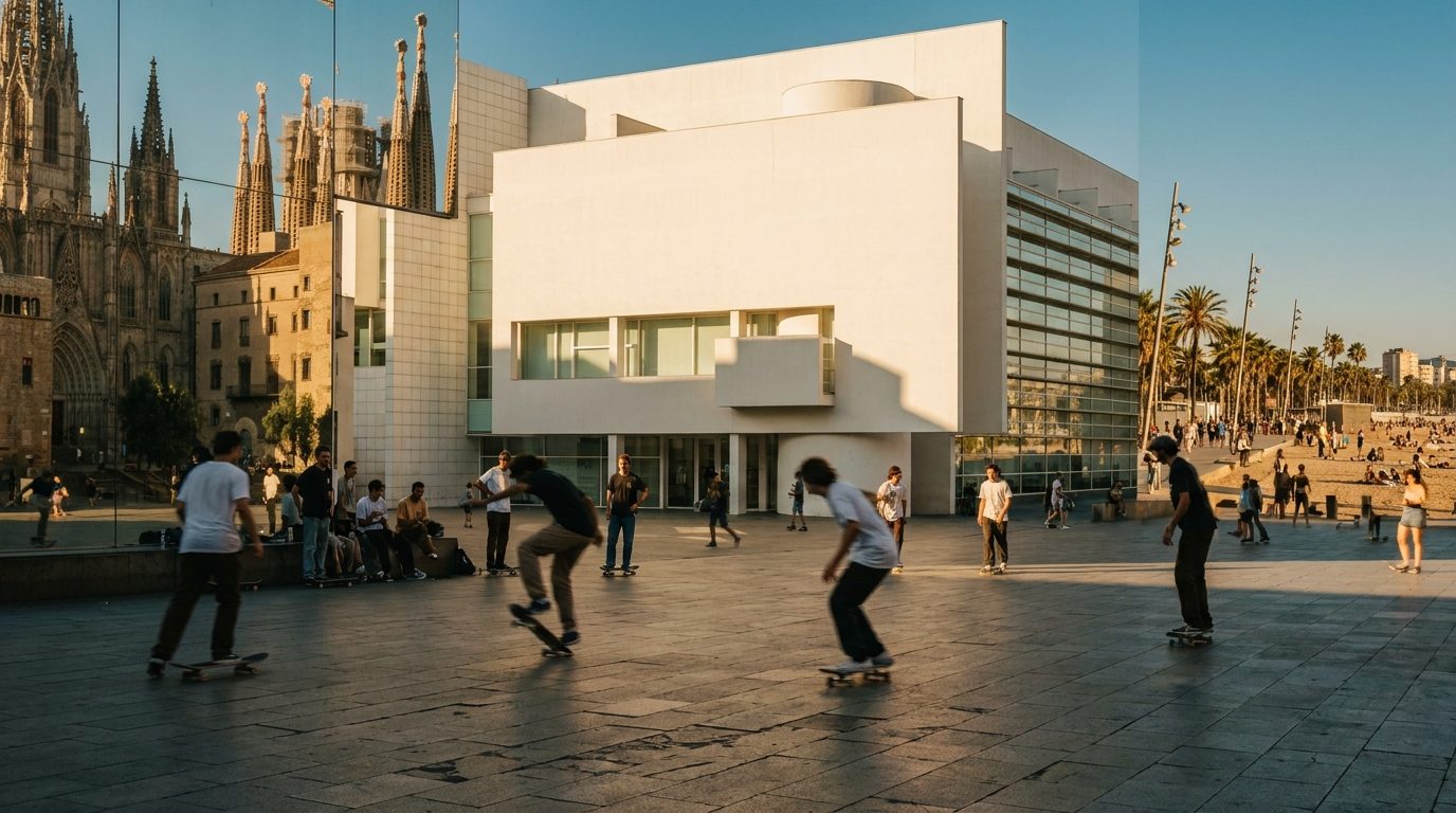 MACBA white Rationalist facade facing Plaça dels Àngels, skateboarding community foreground