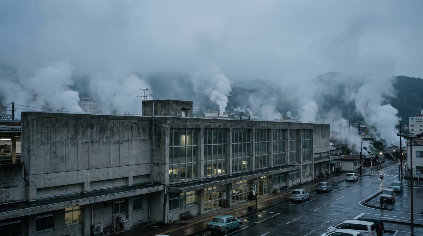 Beppu train station exterior showing postwar concrete architecture against steam-filled sky