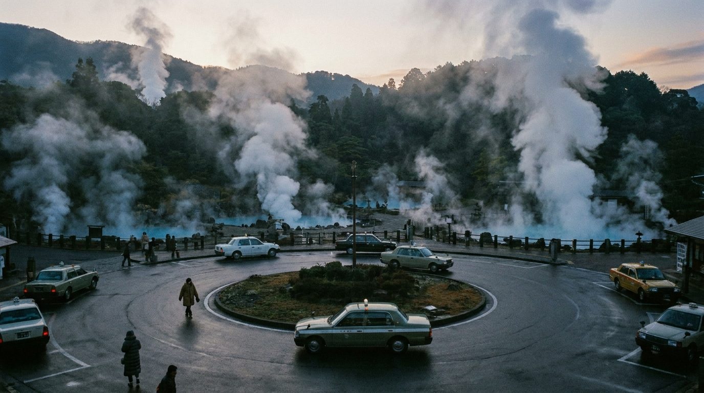Beppu station east plaza showing 1960s circular taxi roundabout and steam rising from surrounding hills