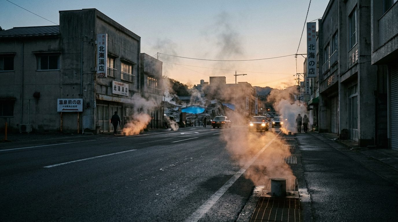 Beppu Kitahama district at dusk showing wide postwar road with steam rising from gutter vents