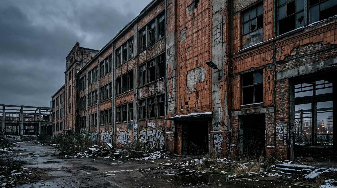 Berlin Lichtenberg abandoned factory facade in pre-dawn grey light, cracked terracotta tiles
