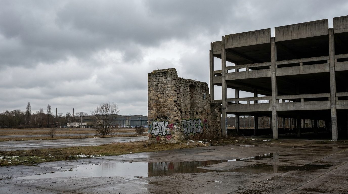 Spandau medieval wall fragment beside concrete carpark overcast flat light wide angle