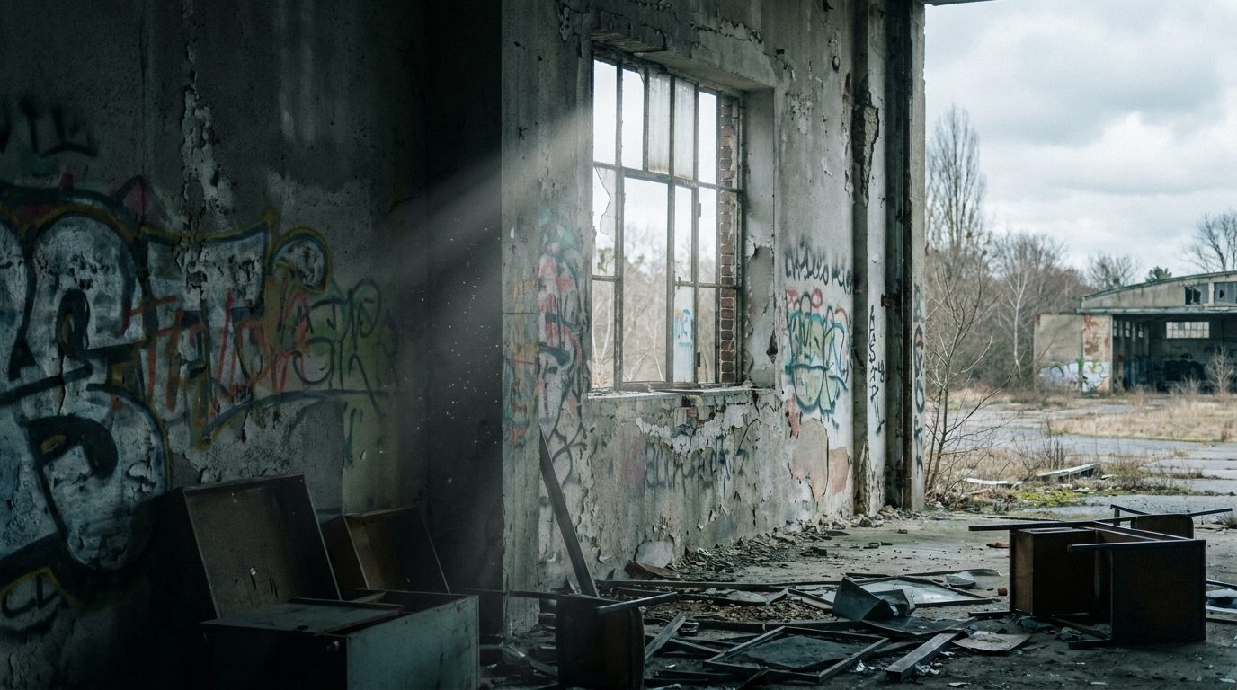 Berlin abandoned building interior window light shaft dust particles 35mm natural light