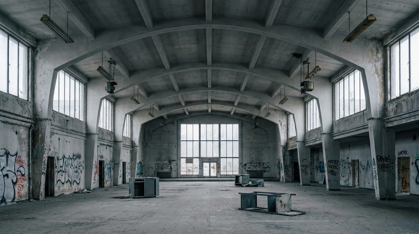 Berlin Tempelhof Airport brutalist interior with vaulted ceilings and empty terminal hall