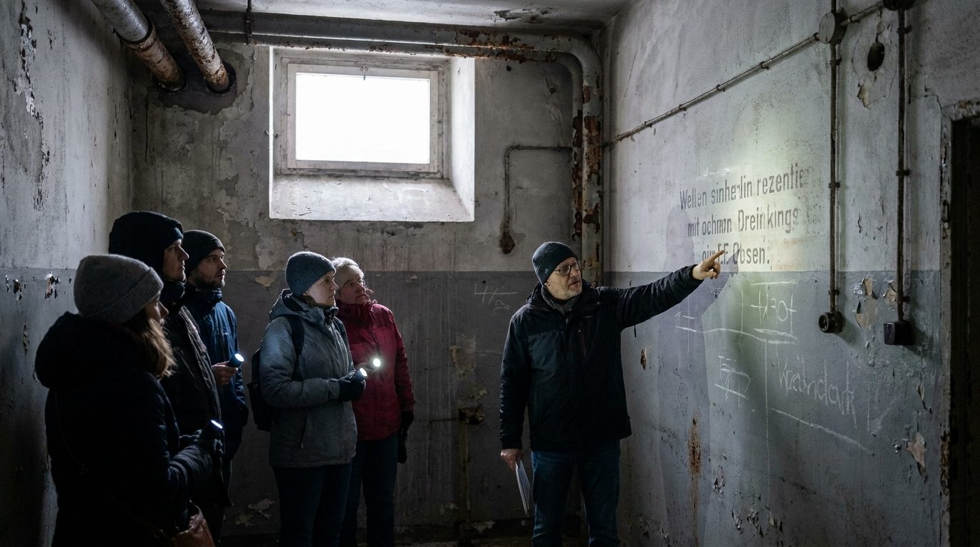 Berliner Unterwelten guided tour inside dimly lit WWII bunker with original wall markings