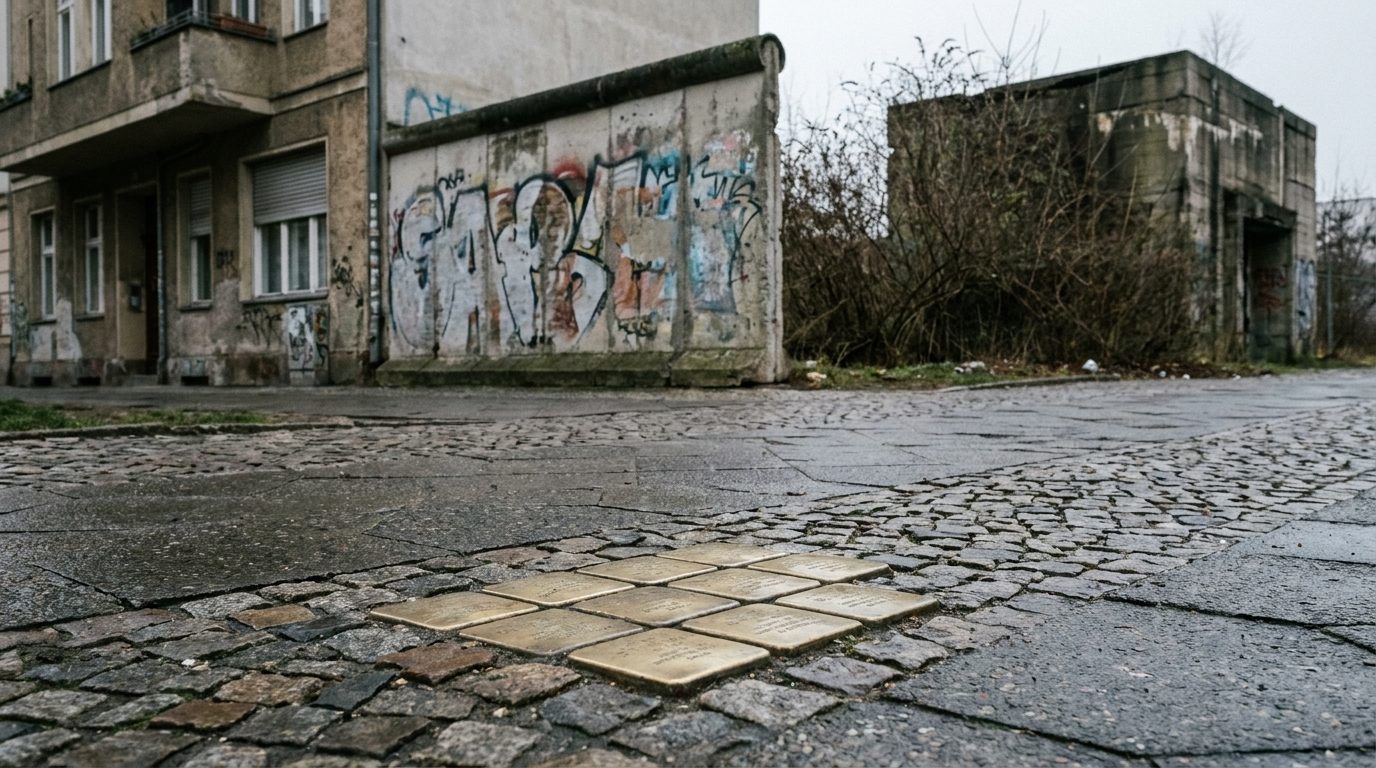 Stolpersteine brass memorial plaques embedded in Berlin pavement outside a residential building