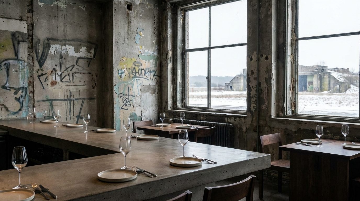 Nobelhart and Schmutzig restaurant interior with exposed concrete and a minimalist tasting menu setting