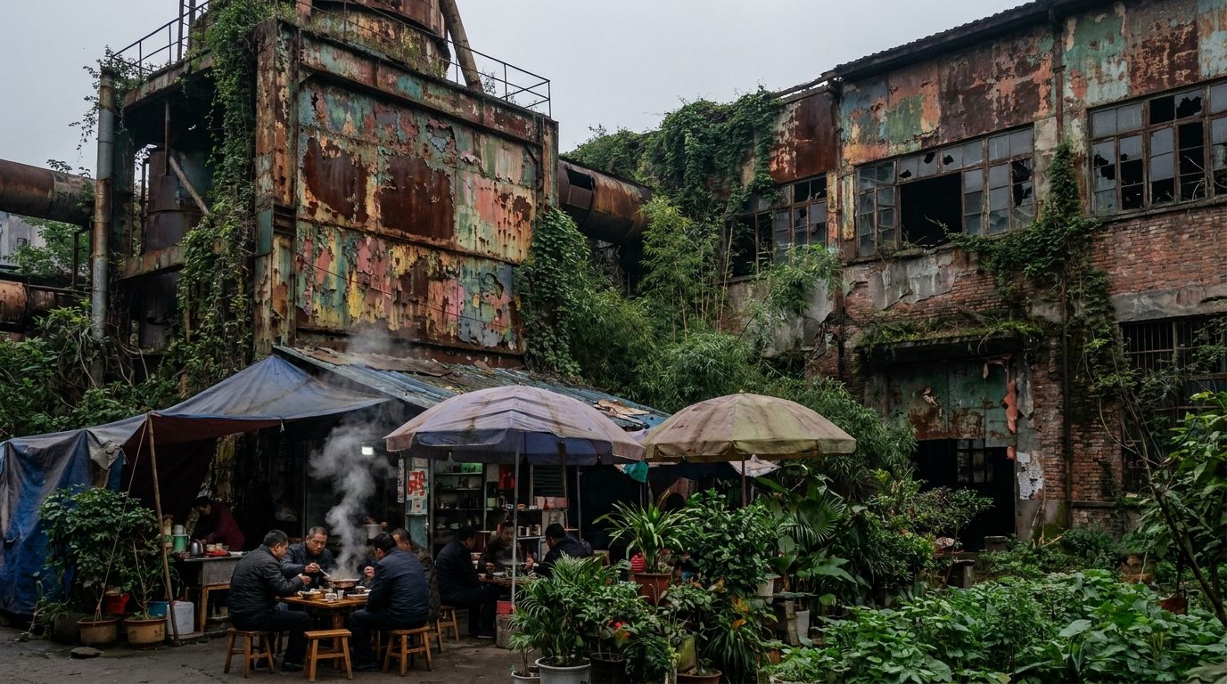 Abandoned Chengdu factory exterior at dusk, rust and peeling paint under flat grey sky