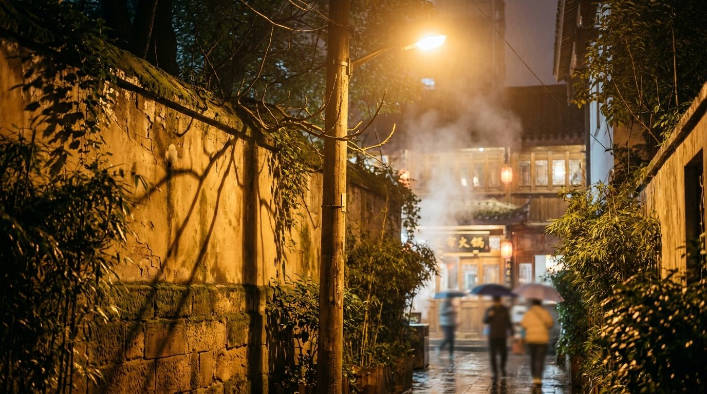 Narrow Chengdu alley at night, single sodium lamp casting long tree shadows on old wall
