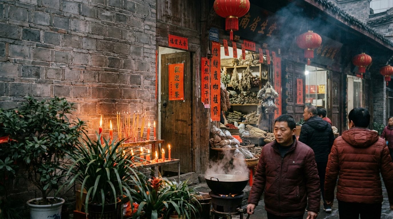 Incense shop doorway at dusk in Chengdu, candles glowing against monastery grey brick wall