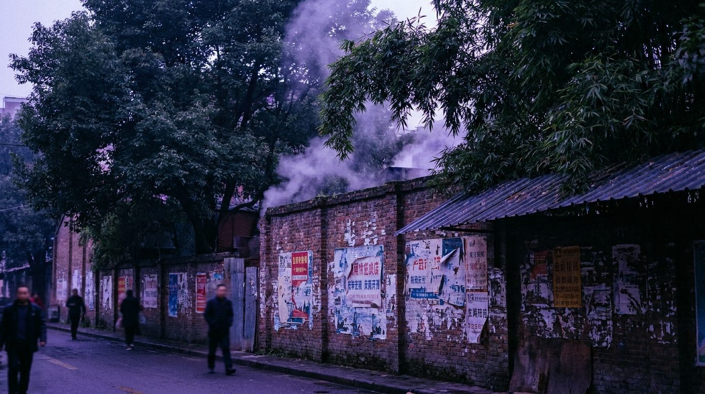 Pre-dawn Chengdu factory wall with layered old posters and industrial brick texture in purple light