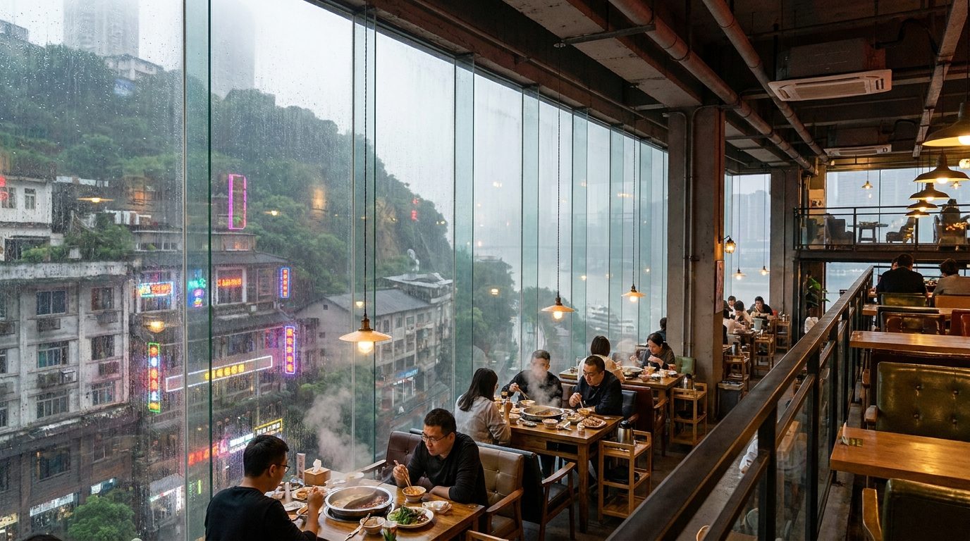 Chongqing café interior with floor to ceiling windows overlooking misty Yangtze River hillside