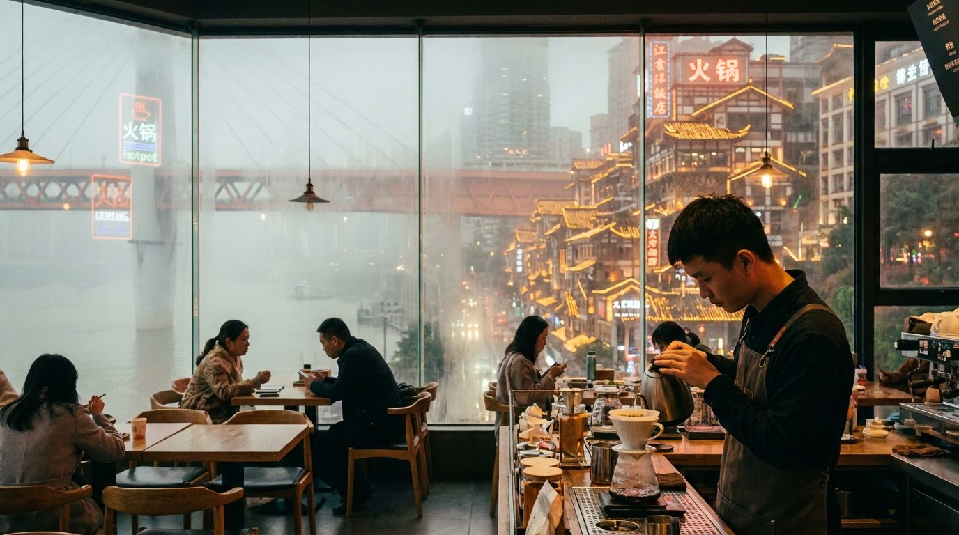 Pour over coffee being prepared at specialty café in Chongqing Nanbin Road district