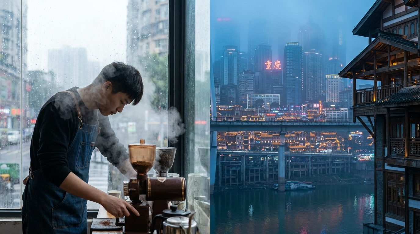 Young barista grinding fresh coffee beans at a quiet Jiulongpo district specialty café in Chongqing