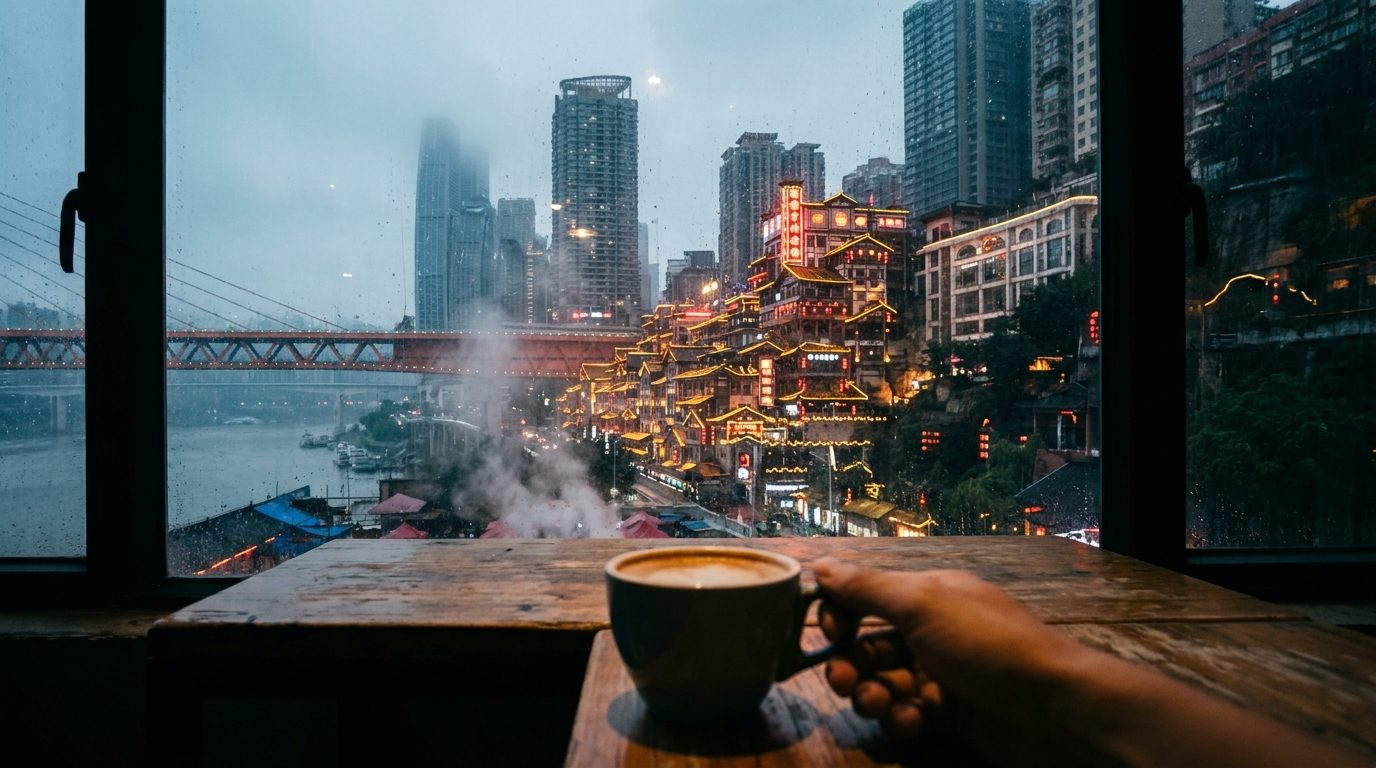 Chongqing skyline at dusk viewed from a café window with coffee cup in foreground