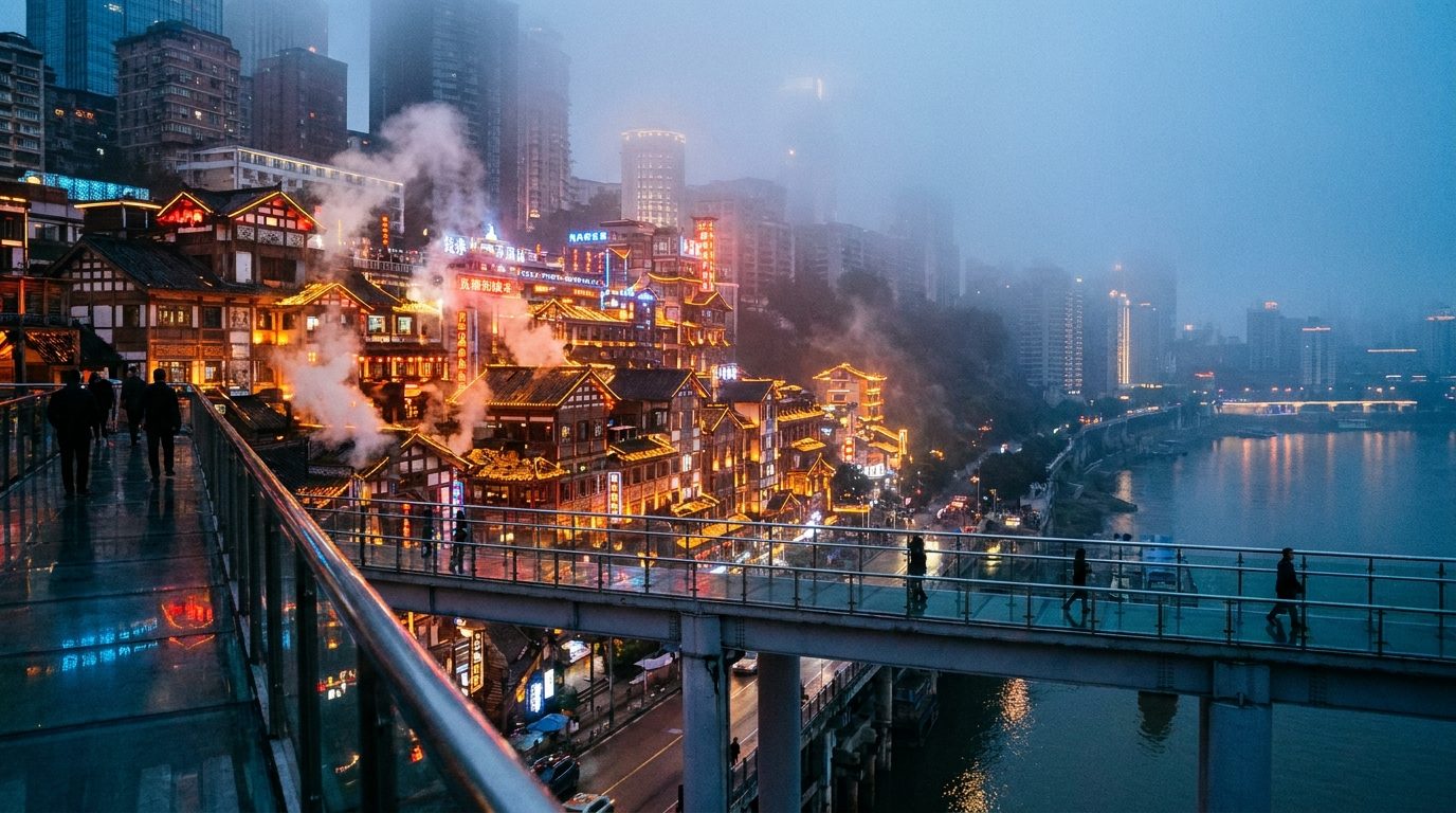 Chongqing pedestrian skywalk at dusk overlooking neon-lit Hongyadong cliffside buildings