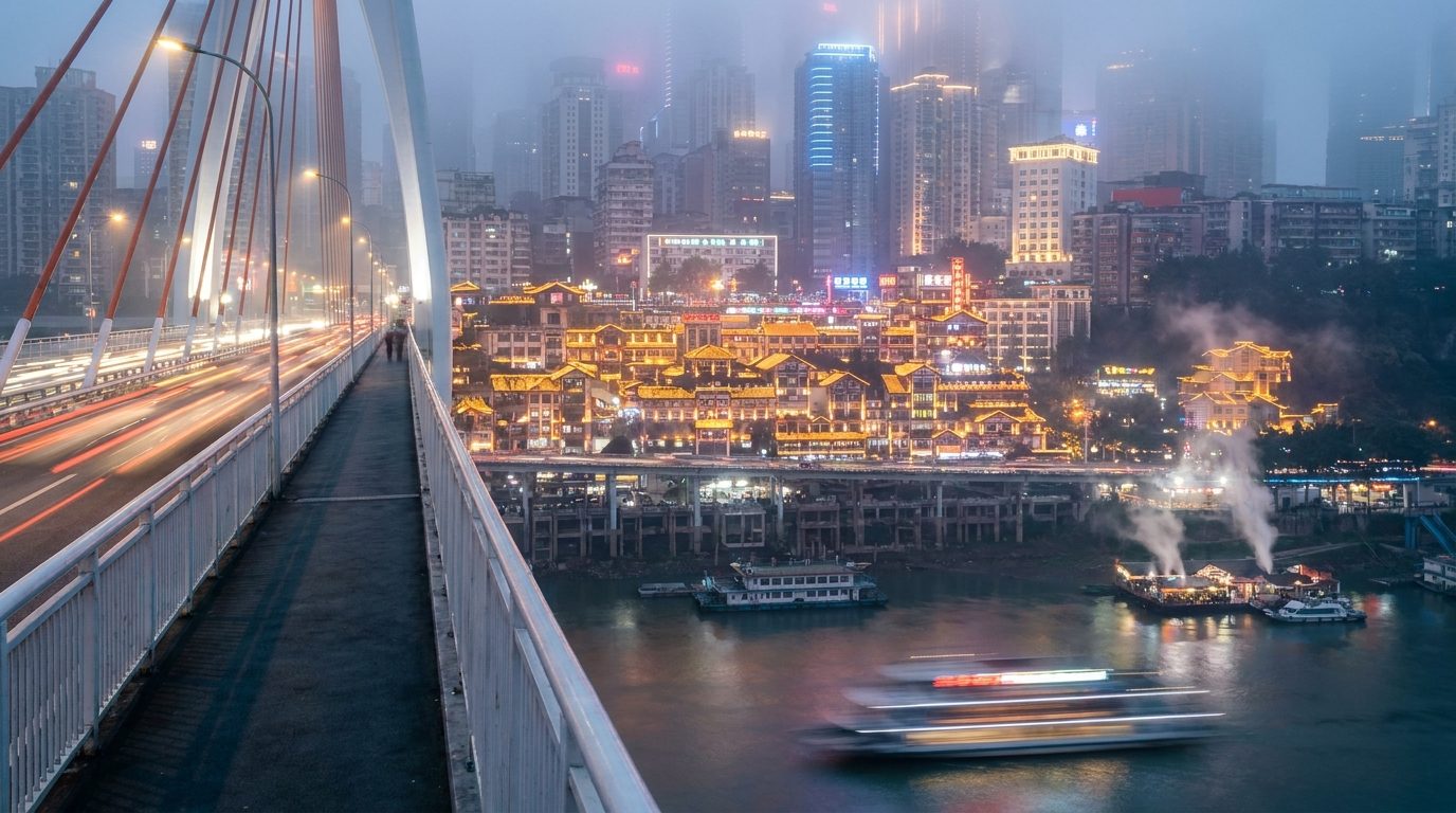 Chongqing Qiansimen Bridge pedestrian walkway with Hongyadong lit at dusk long exposure