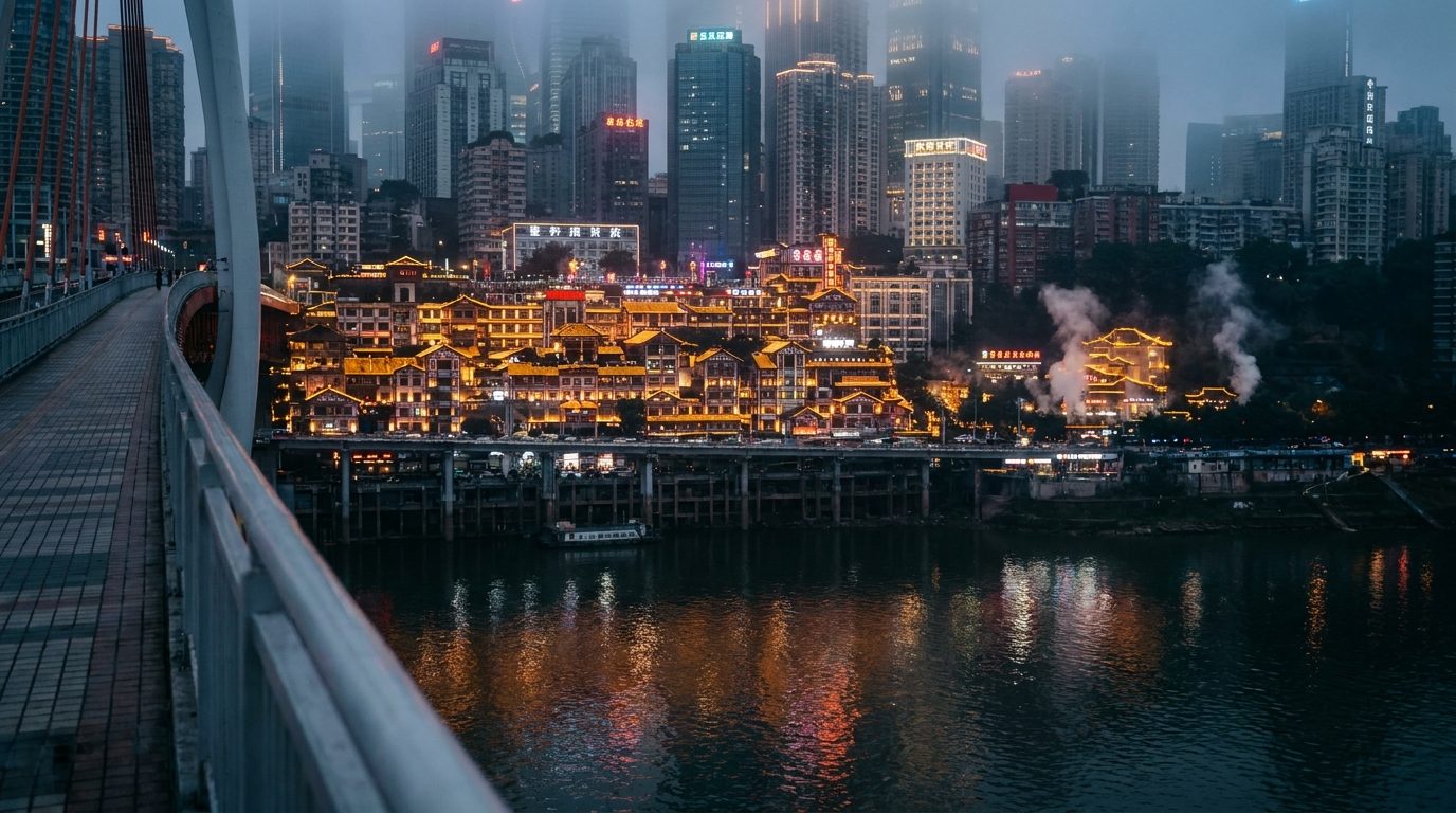 Chongqing Jialing River reflection from pedestrian bridge after fog clears at night