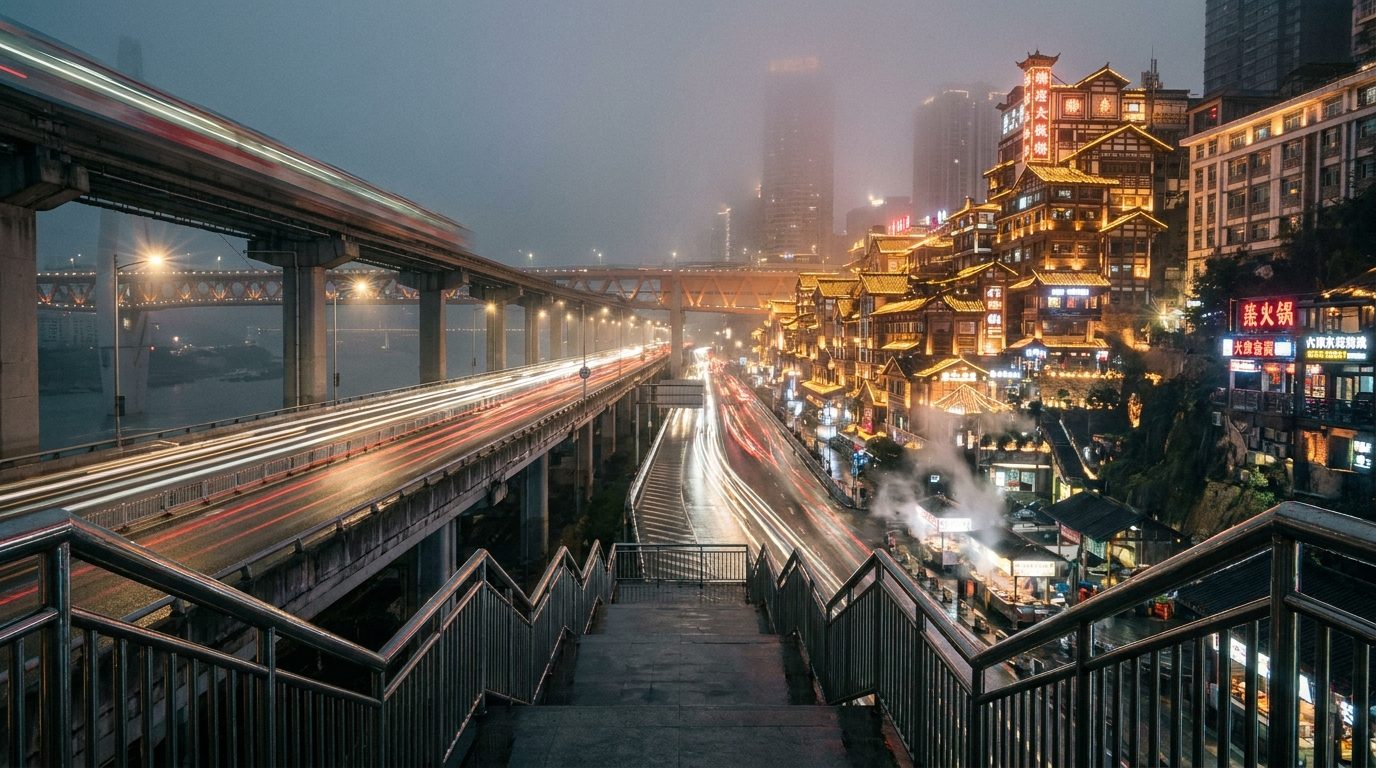 Chongqing elevated highway and rail layers seen from pedestrian overpass at night long exposure