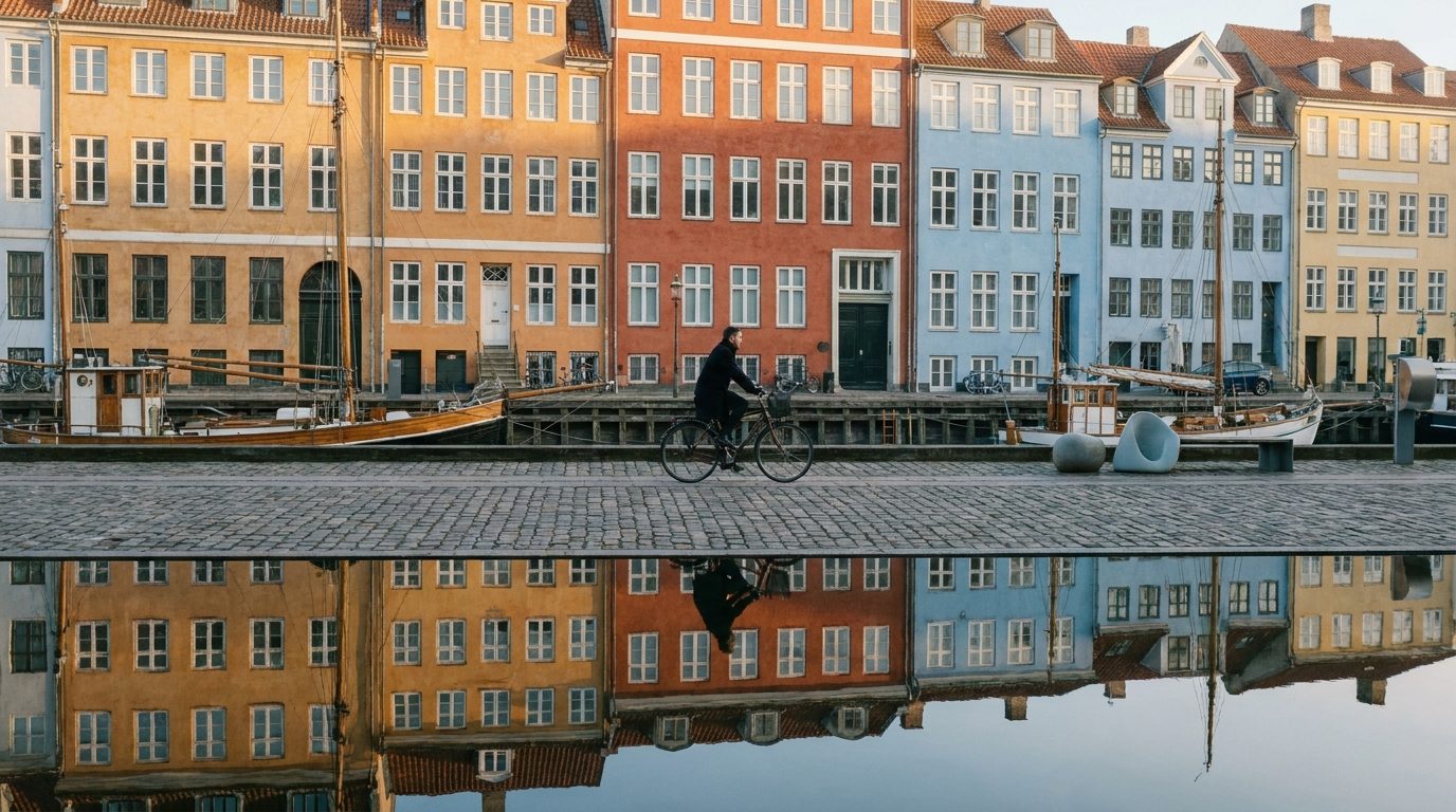 Copenhagen Nyhavn canal coloured townhouses reflected in still morning water