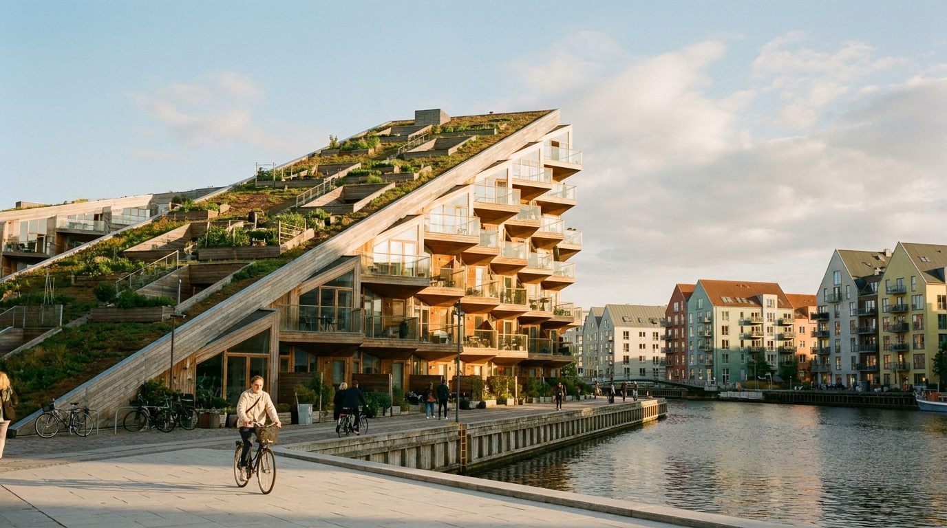 BIG Mountain Dwellings Ørestad stepped facade with planted terraces in afternoon light