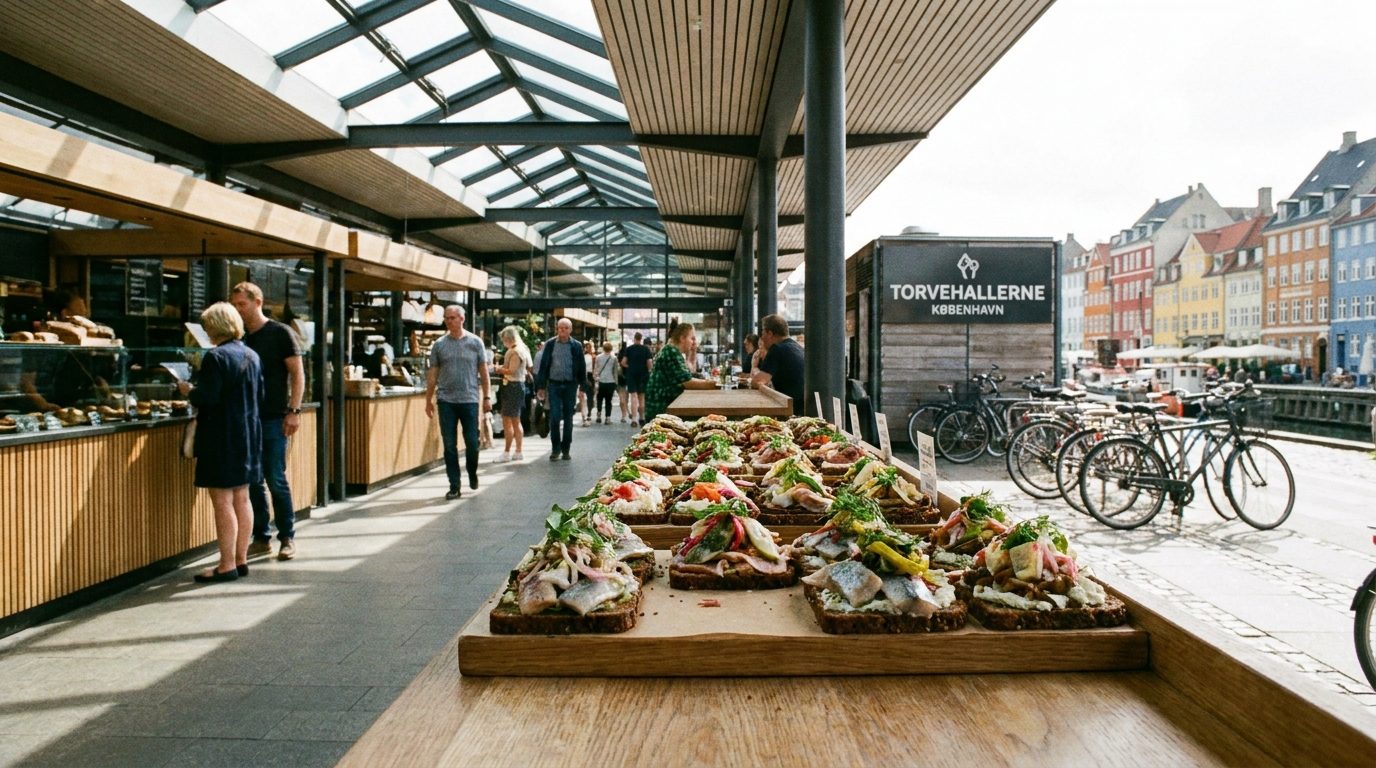 Torvehallerne Copenhagen indoor market stalls smørrebrød open sandwiches on dark rye bread