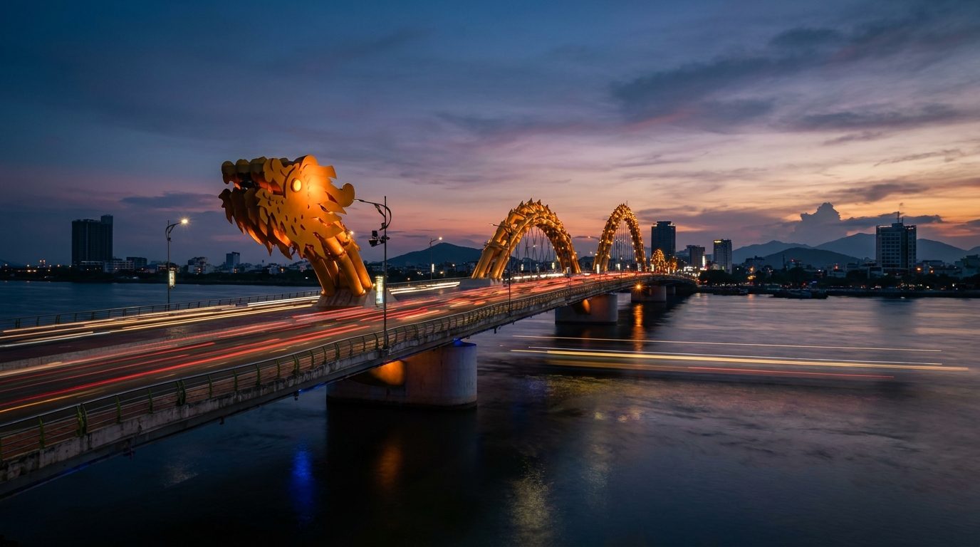 Dragon Bridge Da Nang at dusk, long exposure light trails reflecting in Han River