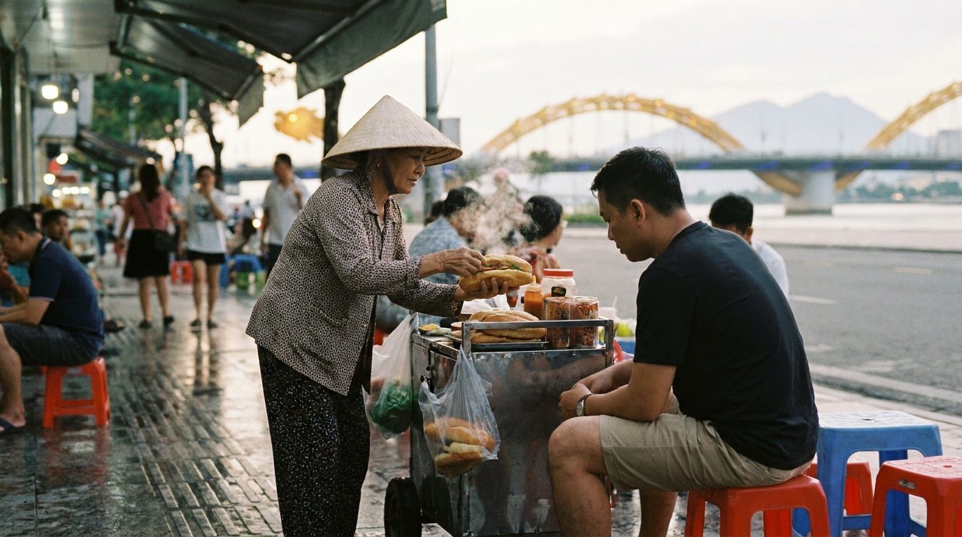 Da Nang street stall vendor serving steaming banh mi on a plastic stool