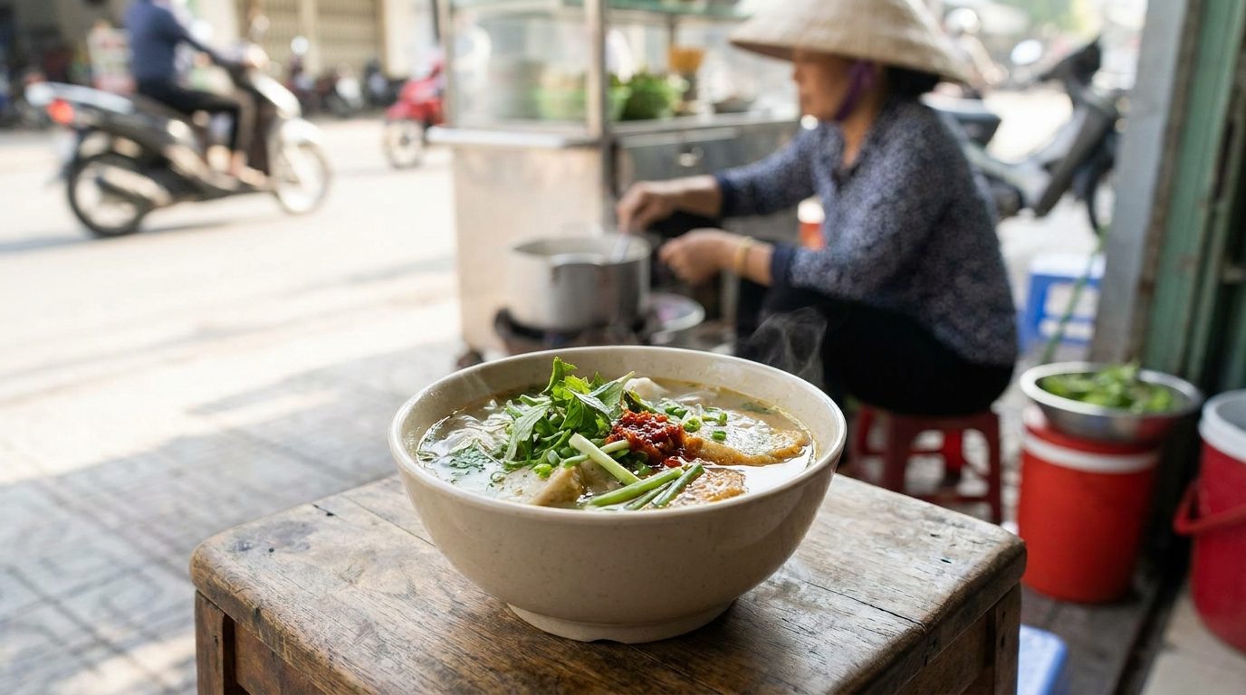 Close up bowl of Bun Cha Ca fish cake noodle soup Da Nang street stall morning