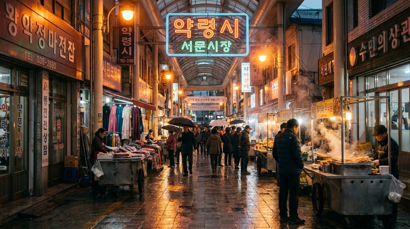Daegu Seomun Market covered arcade at dusk, warm sodium light on wet pavement