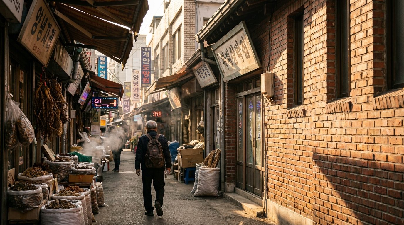 Yangnyeongsi herb market alley, raking afternoon light on aged red brick wall, lone figure