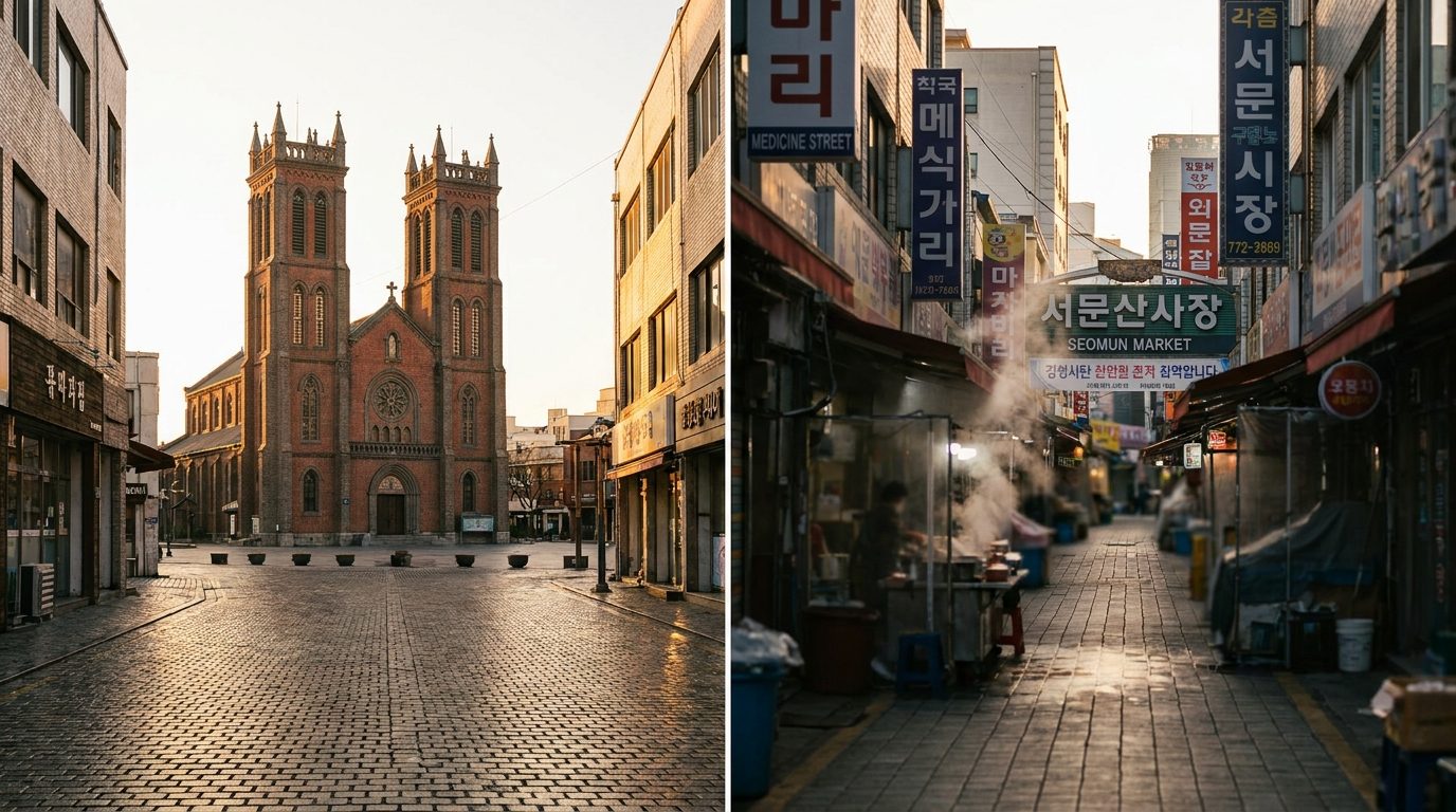 Gyesan Cathedral Daegu, sunrise raking light on twin red-brick Gothic towers, empty square