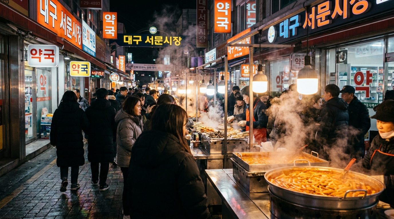Daegu Seomun Market night food stalls with steaming tteokbokki and crowds