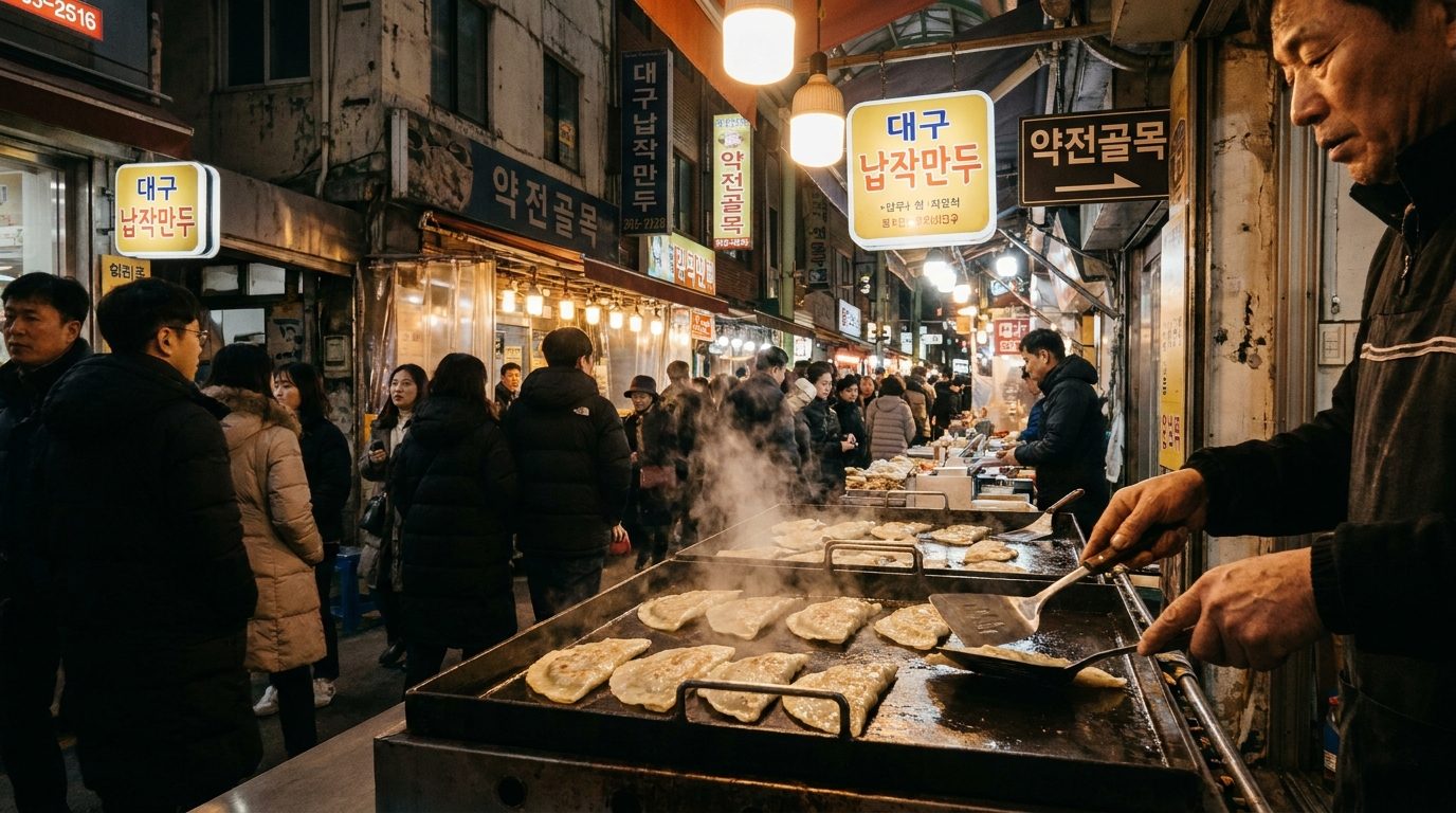 Daegu납작만두 flat dumplings sizzling on iron griddle at Seomun Market night stall