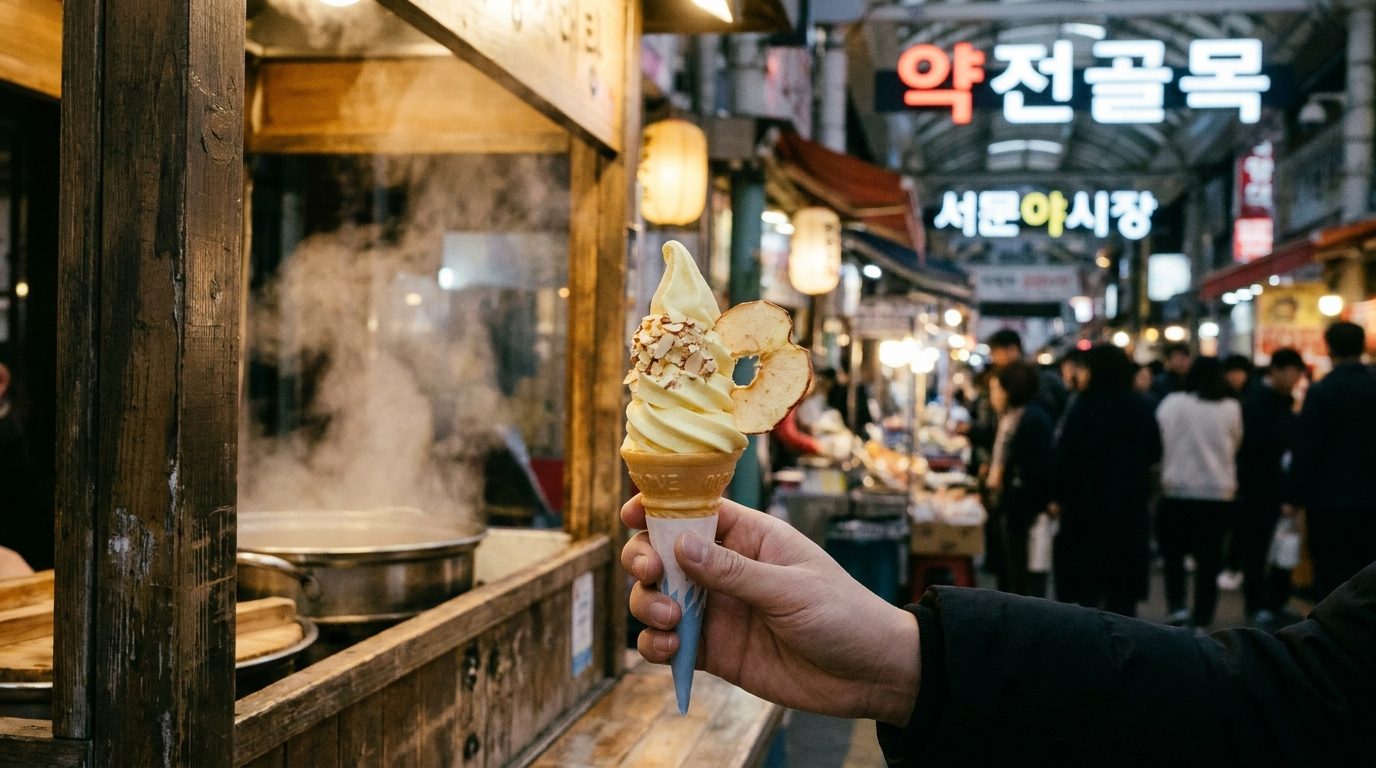 Daegu apple soft serve ice cream topped with crispy apple chips at Dongseongno street stall