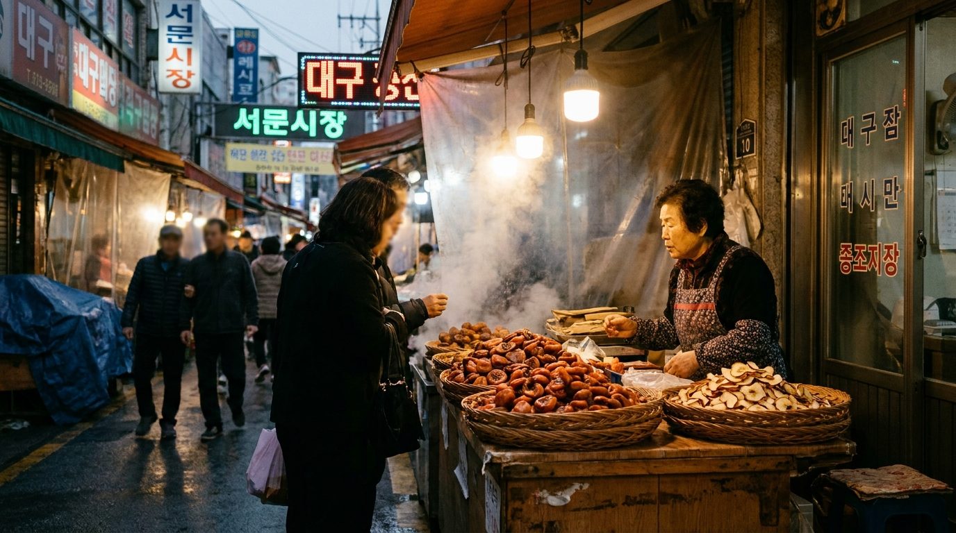 Daegu Seomun Market dried persimmon and apple snacks displayed at vendor stall
