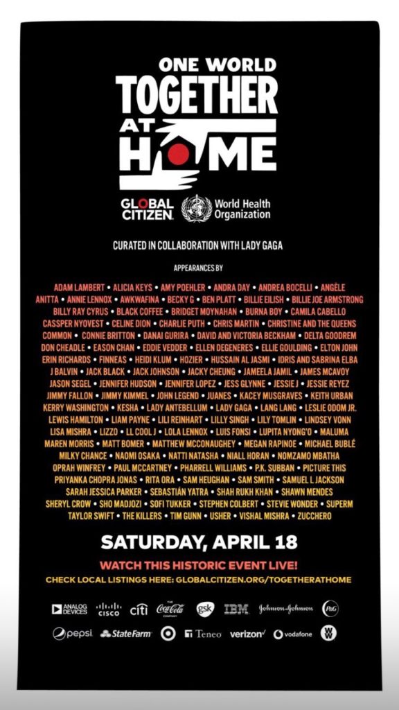 One World: Together At Home 香港 Lady Gaga Taylor Swift Billie Ellish Chris Martin Coldplay SuperM 陳奕迅 張學友 global citizen