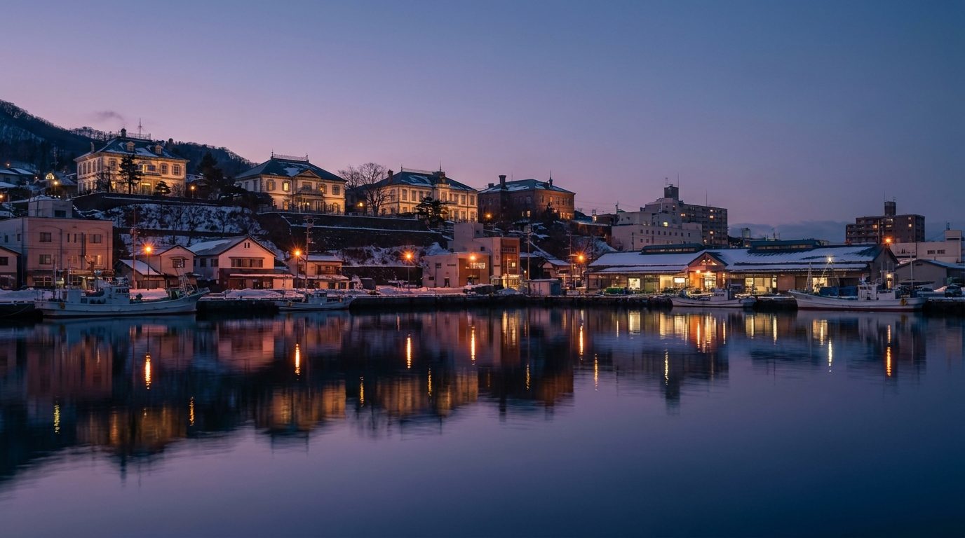 Hakodate port at dusk, historic Western-style consulate buildings reflected in calm water