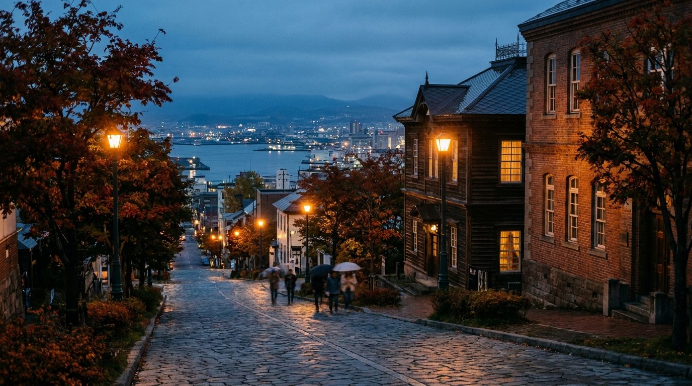 Motomachi historic district steep cobblestone slope with Western-style buildings in autumn light