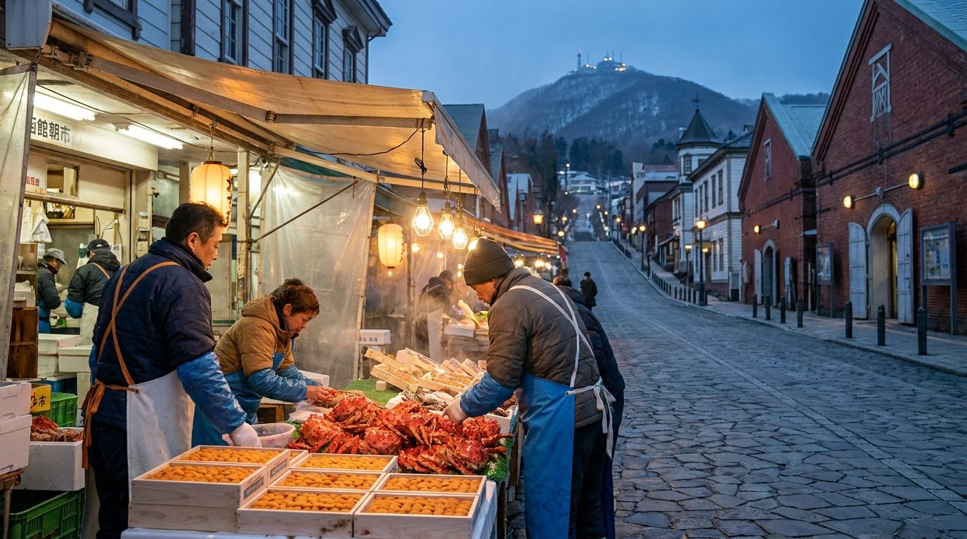 Hakodate morning market seafood stalls at dawn, vendors arranging fresh crab and sea urchin