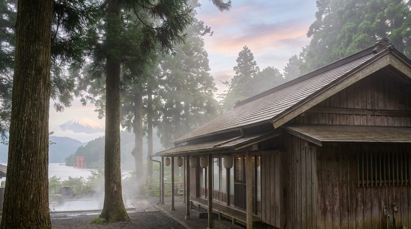 Hakone mountain café exterior with cedar trees and morning mist surrounding wooden building